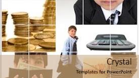  Presentation with elementary - Theme featuring collage of elementary age kids in suits and financial themed images background and a coral colored foreground