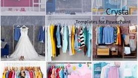  Presentation with clothing wooden clothes hanger object - Colorful presentation theme enhanced with collage of fashionable clothes backdrop and a  colored foreground