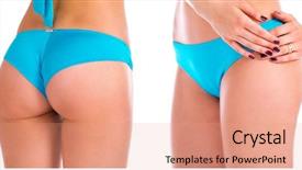  Presentation with photo collage - Slide deck with collage of female turquoise swimsuit front and back view close up photo of perfect sexy body isolated on white background background and a coral colored foreground