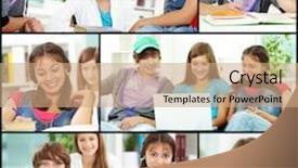 Presentation with teens - Colorful PPT theme enhanced with collage of friendly teens in casual clothes studying in college backdrop and a coral colored foreground