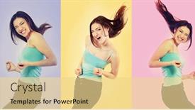  Presentation with joy - PPT theme having collage-of-girl-happy-ecstatic background and a blonde colored foreground