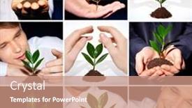  Presentation with sprout - Cool new slide deck with collage of green sprout surrounded by human hands backdrop and a coral colored foreground