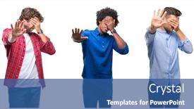  Presentation with african american men - Colorful slide deck enhanced with collage of group of african american and hispanic men over isolated background covering eyes with hands and doing stop gesture with sad and fear expression embarrassed and negative concept backdrop and a ocean colored foreground