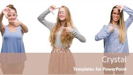 Presentation with women making - Cool new PPT layouts with collage of group of blonde women over isolated background smiling making frame with hands and fingers with happy face creativity and photography concept backdrop and a coral colored foreground
