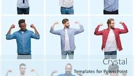  Presentation with group fitness - Audience pleasing presentation theme consisting of collage of group of business and casual men over isolated background showing arms muscles smiling proud fitness concept backdrop and a sky blue colored foreground