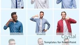  Presentation with business casual - Colorful PPT theme enhanced with collage of group of business and casual men over isolated background smiling doing phone gesture with hand and fingers like talking on the telephone communicating concepts backdrop and a sky blue colored foreground