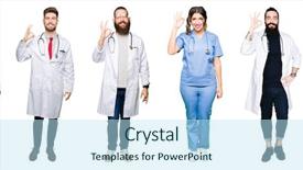  Presentation with successful group of surgeons - Audience pleasing PPT theme consisting of collage of group of doctors backdrop and a sky blue colored foreground