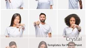  Presentation with angry people - Presentation design having collage of group of people wearing casual white t-shirt over isolated background looking unhappy and angry showing rejection and negative with thumbs down gesture bad expression background and a lemonade colored foreground