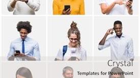  Presentation with people collage - Presentation enhanced with collage of group of people using smartphone over isolated background with a happy face standing and smiling with a confident smile showing teeth background and a light gray colored foreground
