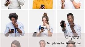  Presentation with shame - Audience pleasing presentation theme consisting of collage of group of people using smartphone over isolated background cover mouth with hand shocked with shame for mistake expression of fear scared in silence secret concept backdrop and a soft green colored foreground