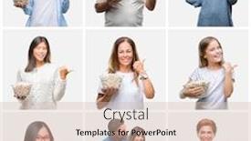  Presentation with people collage - Colorful slide deck enhanced with collage of group of people eating popcorn over isolated background pointing and showing with thumb up to the side with happy face smiling backdrop and a lemonade colored foreground