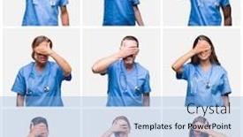  Presentation with blind people - Slide set consisting of collage of group of professional doctor nurse people over isolated background smiling and laughing with hand on face covering eyes for surprise blind concept background and a light blue colored foreground