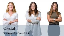  Presentation with women in the army - Cool new PPT theme with collage of group of three backdrop and a light blue colored foreground