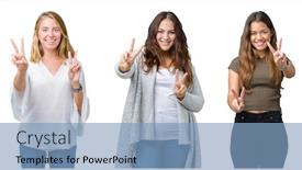 Presentation with collage - PPT layouts consisting of collage of group of three young beautiful women over white isolated background smiling looking to the camera showing fingers doing victory sign number two background and a light blue colored foreground