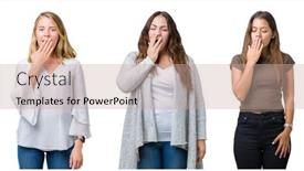  Presentation with group of three young girl - Beautiful slides featuring collage of group of three young beautiful women over white isolated background bored yawning tired covering mouth with hand restless and sleepiness backdrop and a mint green colored foreground