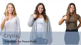  Presentation with women success - Audience pleasing slide deck consisting of collage of group of three young beautiful women over white isolated background doing happy thumbs up gesture with hand approving expression looking at the camera showing success backdrop and a light blue colored foreground