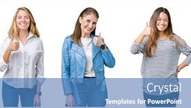  Presentation with women success - Amazing PPT layouts having collage of group of three beautiful women over white isolated background doing happy thumbs up gesture with hand approving expression looking at the camera showing success backdrop and a teal colored foreground