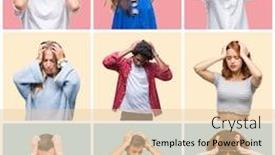  Presentation with colorful hands - PPT theme having collage of group of young people woman and men over colorful isolated background suffering from headache desperate and stressed because pain and migraine hands on head background and a lemonade colored foreground