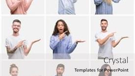  Presentation with people collage - Theme consisting of collage of group of young people woman and men over white solated background amazed and smiling to the camera while presenting with hand and pointing with finger background and a light gray colored foreground