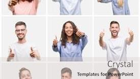  Presentation with young happy people smiling - Slides consisting of collage of group of young people woman and men over white solated background approving doing positive gesture with hand thumbs up smiling and happy for success looking at the camera winner gesture background and a lemonade colored foreground