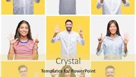  Presentation with young happy people smiling - Beautiful presentation theme featuring collage of group of young and senior people over yellow isolated background showing and pointing up with fingers number seven while smiling confident and happy backdrop and a blonde colored foreground