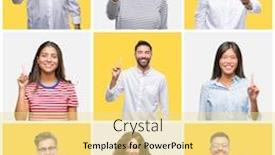  Presentation with young happy people smiling - PPT theme having collage of group of young and senior people over yellow isolated background showing and pointing up with finger number one while smiling confident and happy background and a blonde colored foreground