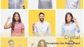  Presentation with people collage - Beautiful presentation featuring collage of group of young and senior people over yellow isolated background smiling and confident gesturing with hand doing size sign with fingers while looking and the camera measure concept backdrop and a blonde colored foreground
