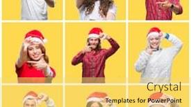  Presentation with young happy people smiling - Slides with collage of group of young people wearing christmas hat over yellow isolated background smiling making frame with hands and fingers with happy face creativity and photography concept background and a yellow colored foreground