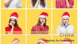  Presentation with people collage - Audience pleasing presentation theme consisting of collage of group of young people wearing christmas hat over yellow isolated background thinking looking tired and bored with depression problems with crossed arms backdrop and a yellow colored foreground