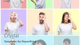  Presentation with colorful eye - Slides with collage of group people women and men over colorful isolated background doing ok gesture shocked with surprised face eye looking through fingers unbelieving expression background and a cool aqua colored foreground