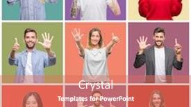  Presentation with people collage - PPT theme featuring collage of group people women and men over colorful isolated background showing and pointing up with fingers number six while smiling confident and happy background and a coral colored foreground