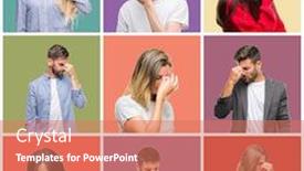  Presentation with stress men - Slides consisting of collage of group people women and men over colorful isolated background tired rubbing nose and eyes feeling fatigue and headache stress and frustration concept background and a coral colored foreground