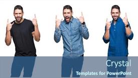  Presentation with rock music - PPT theme consisting of collage of handsome man over white isolated background shouting with crazy expression doing rock symbol with hands up music star heavy concept background and a ocean colored foreground
