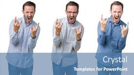  Presentation with music business - PPT theme featuring collage of handsome senior business man over white isolated background shouting with crazy expression doing rock symbol with hands up music star heavy concept background and a teal colored foreground