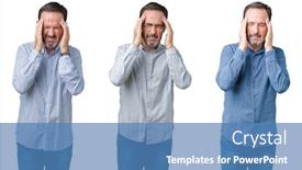  Presentation with collage - Cool new PPT layouts with collage of handsome senior business man over white isolated background with hand on head for pain in head because stress suffering migraine backdrop and a teal colored foreground