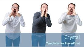  Presentation with collage - Amazing slides having collage of handsome senior man over white isolated background shouting angry out loud with hands over mouth backdrop and a ocean colored foreground