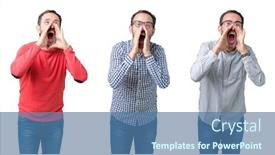  Presentation with collage - Colorful slide deck enhanced with collage of handsome senior man over white isolated background shouting angry out loud with hands over mouth backdrop and a ocean colored foreground
