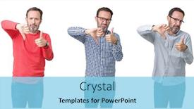  Presentation with conflict - Audience pleasing PPT theme consisting of collage of handsome senior man over white isolated background doing thumbs up and down disagreement and agreement expression crazy conflict backdrop and a light blue colored foreground