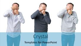  Presentation with collage - Slide set featuring collage of handsome senior man over white isolated background covering eyes and mouth with hands surprised and shocked hiding emotion background and a light blue colored foreground