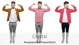  Presentation with young business man - Slide set featuring collage of handsome young business man over white isolated background showing arms muscles smiling proud fitness concept background and a white colored foreground