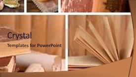  Presentation with many old books - Audience pleasing PPT theme consisting of collage of many old books backdrop and a coral colored foreground