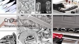  Presentation with workshop tools - Amazing slide set having collage of metal workshop tools backdrop and a light gray colored foreground