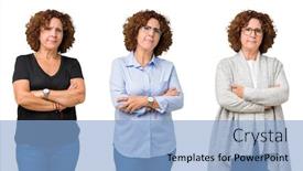 Presentation with collage - Beautiful presentation featuring collage of middle age senior woman over white isolated background skeptic and nervous disapproving expression on face with crossed arms negative person backdrop and a light blue colored foreground