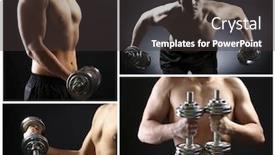  Presentation with muscle - Presentation theme consisting of collage of muscle young sportsman on dark background background and a dark gray colored foreground