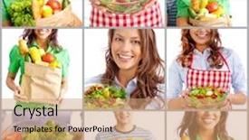  Presentation with healthy people - Colorful presentation design enhanced with collage of people standing with healthy food and salad backdrop and a coral colored foreground