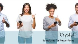  Presentation with people collage - PPT theme having collage of people texting sending background and a light blue colored foreground