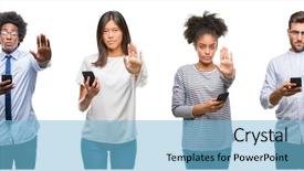  Presentation with collage of diversity people - Audience pleasing slide set consisting of collage of people texting sending backdrop and a light blue colored foreground