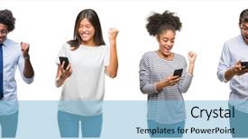  Presentation with people collage - Beautiful presentation theme featuring collage of people texting sending backdrop and a light blue colored foreground