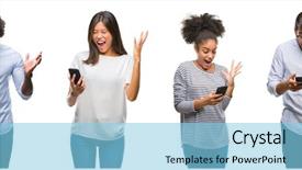  Presentation with people collage - PPT theme consisting of collage of people texting sending background and a light blue colored foreground