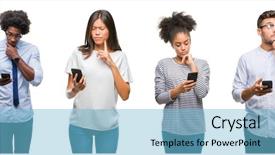  Presentation with collage of diversity people - PPT theme with collage of people texting sending background and a  colored foreground